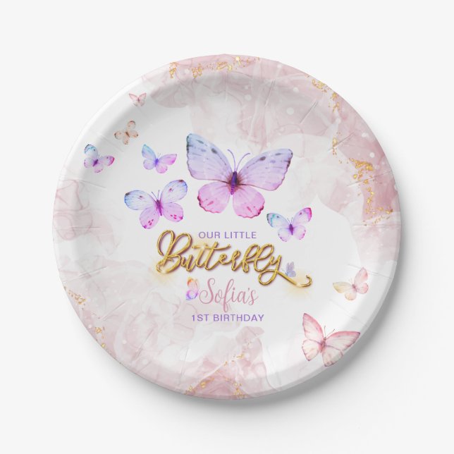 Butterfly First Birthday Girl 1st Pink Purple Paper Plates (Front)