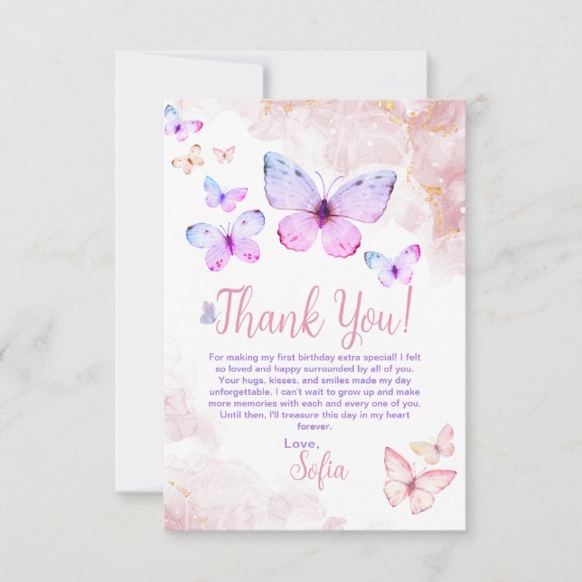 Butterfly First Birthday Girl 1st Thank You Card (Front)