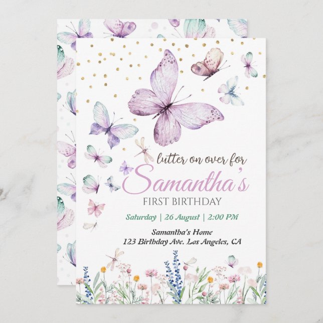 Butterfly First Birthday Invitation (Front/Back)