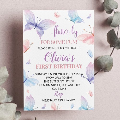 Butterfly First Birthday Invitation Girl Whimsical