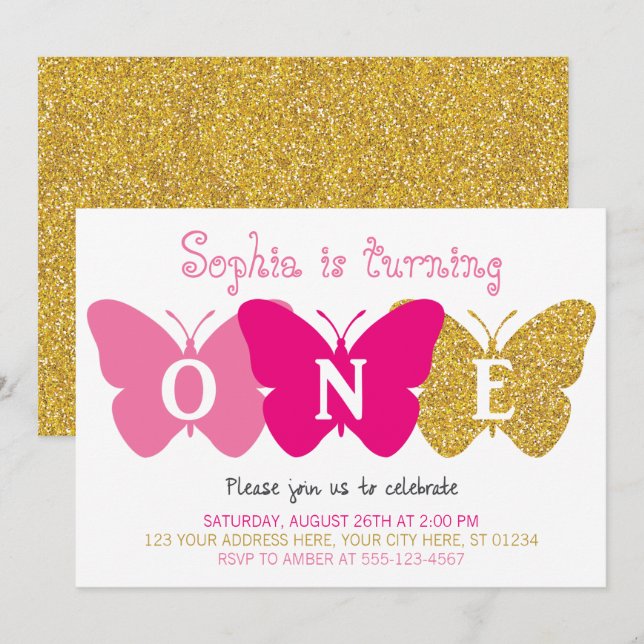Butterfly First Birthday Invitation | Pink & Gold (Front/Back)