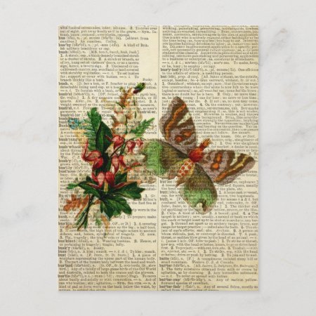 Butterfly Floral Art On Vintage Dictionary Page Postcard