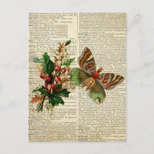 Butterfly floral art on vintage dictionary page postcard