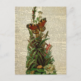 Butterfly floral art on vintage dictionary page postcard