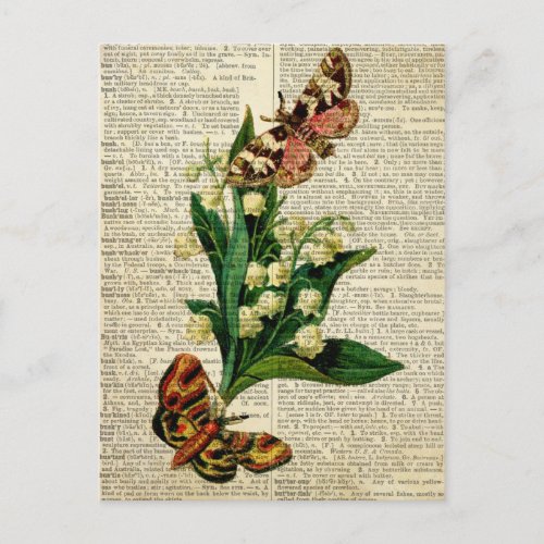 Butterfly floral art on vintage dictionary page postcard