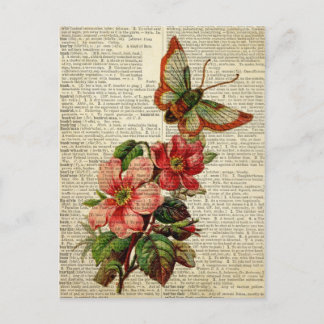Butterfly floral art on vintage dictionary page postcard