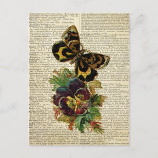 Butterfly floral art on vintage dictionary page postcard