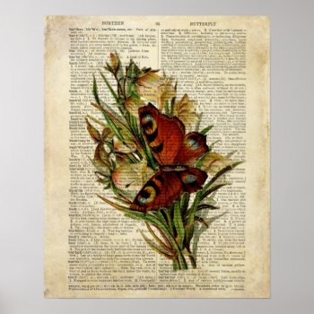 Butterfly Floral Art On Vintage Dictionary Page Poster by terrymcclaryart at Zazzle