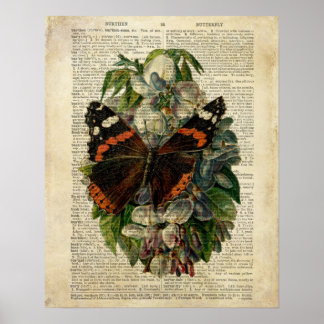 Butterfly floral art on vintage dictionary page poster