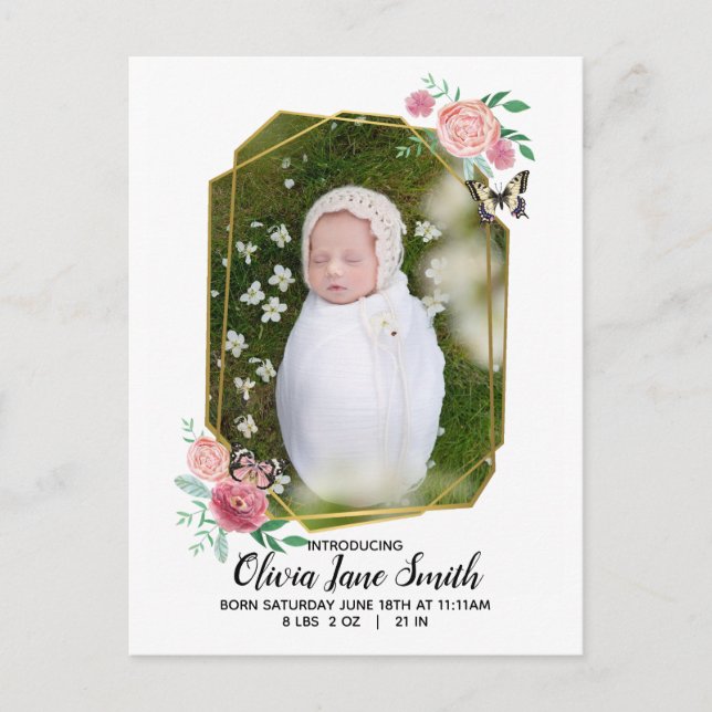 Butterfly Floral Baby Birth Announcement (Front)