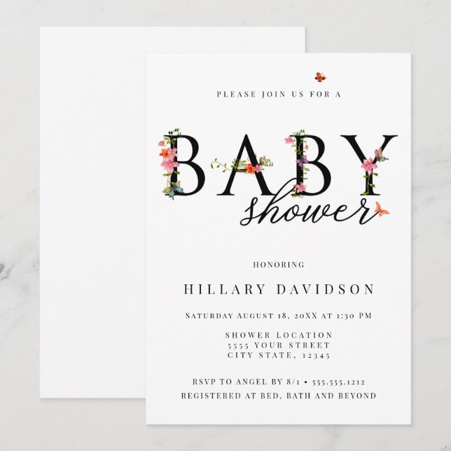 Butterfly Floral, Baby Shower Invitation (Front/Back)