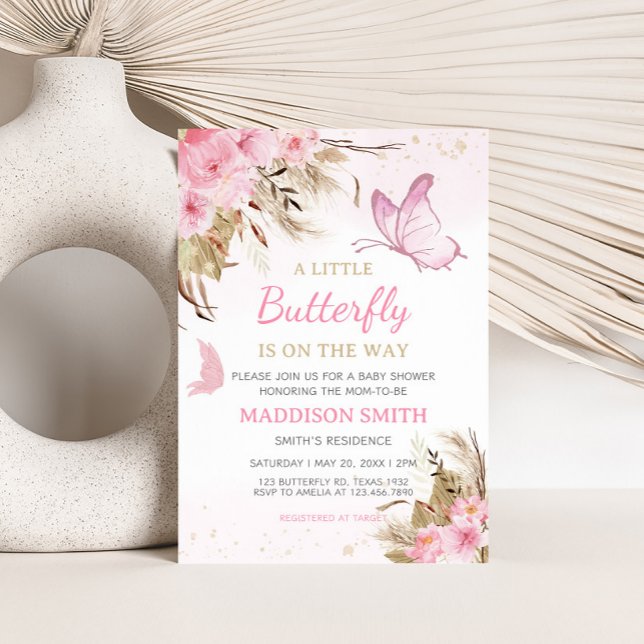 Butterfly Floral Baby Shower  Invitation (Pink Butterfly Baby Shower Invitation)