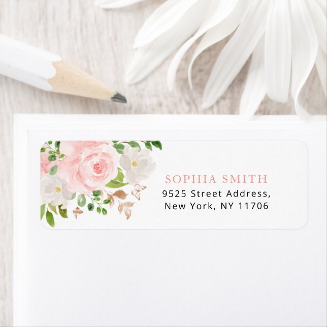Butterfly Floral blush pink roses return Address Label (Insitu)