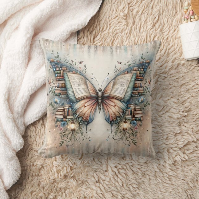 Butterfly Floral Book Throw Pillow, Nursery Decor Pillow (Blanket)