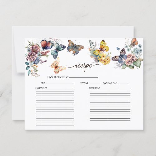 Butterfly Floral  Bridal Shower Recipe Card