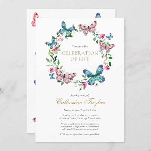 Butterfly Floral Celebration of Life Funeral Invitation - An elegant personalized celebration of life remembrance invitation featuring a butterfly floral wreath. Designed by Thisisnotme©