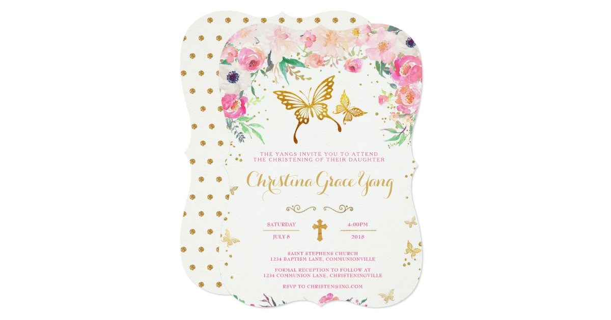 Butterfly Floral Christening Invitation