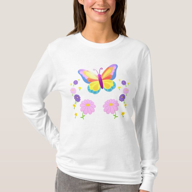Butterfly Floral Design Long Sleeve T-Shirt (Front)