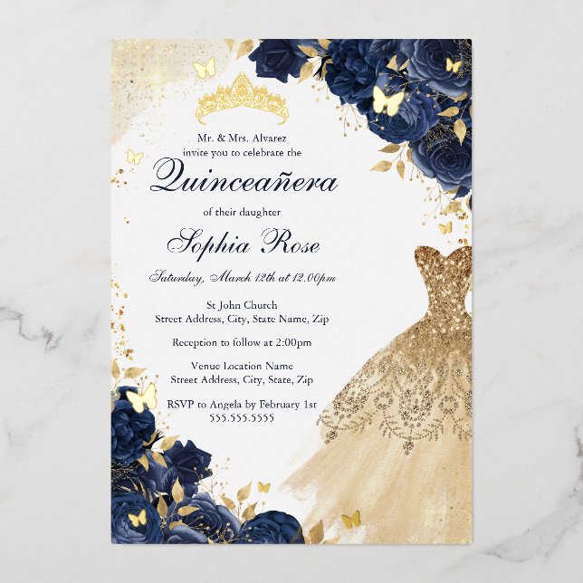 Butterfly Floral Dress Navy Gold Quinceanera Foil Invitation (Front)