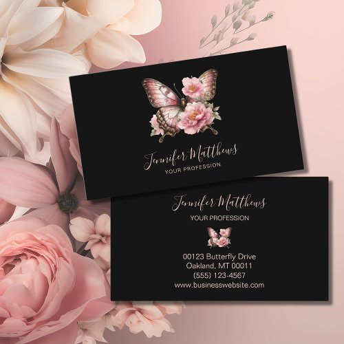 Butterfly Floral Elegant Script Black Business Card