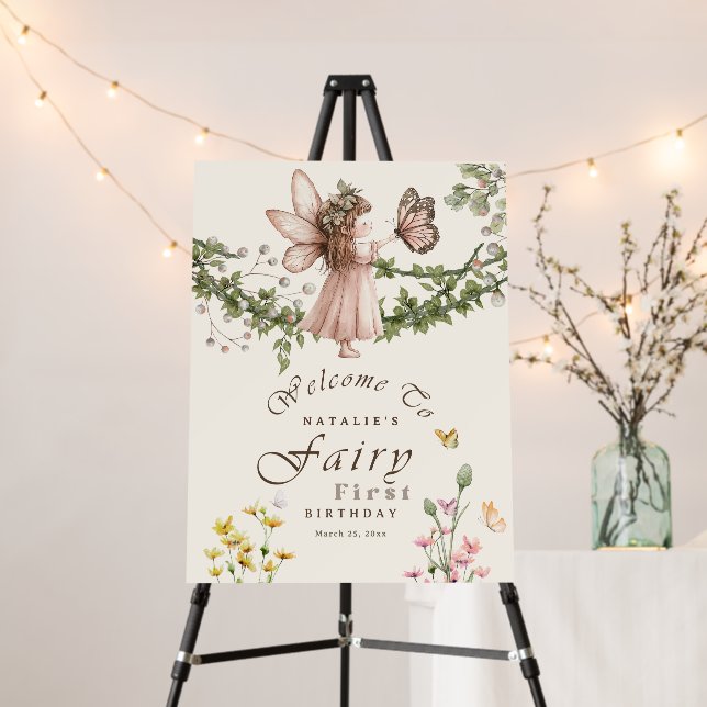 Butterfly Floral Fairy First Birthday Welcome Sign (In Situ (Stand))