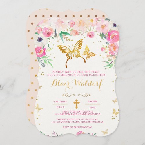 Butterfly Floral First Holy Communion Invitation