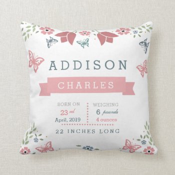 Butterfly Floral Garden Baby Stats Pillow by OS_Designs at Zazzle