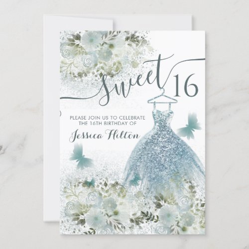 Butterfly floral garden blue dress sweet sixteen invitation