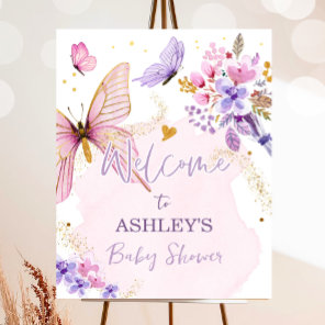 Butterfly Floral Garden Girl Baby Shower Welcome Poster