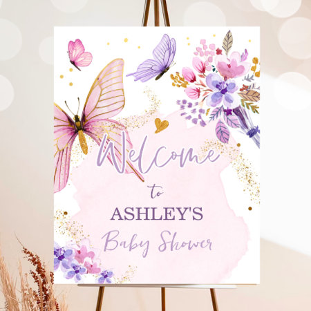 Butterfly Floral Garden Girl Baby Shower Welcome Poster