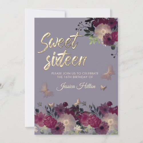 Butterfly floral garden lilac sweet sixteen  invitation