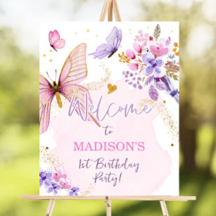 Butterfly Floral Garden Pink Girl Birthday Welcome Poster