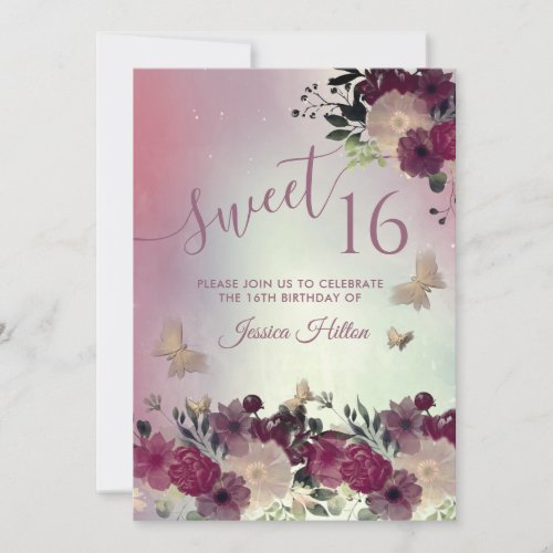 Butterfly floral garden sweet sixteen blushed invitation