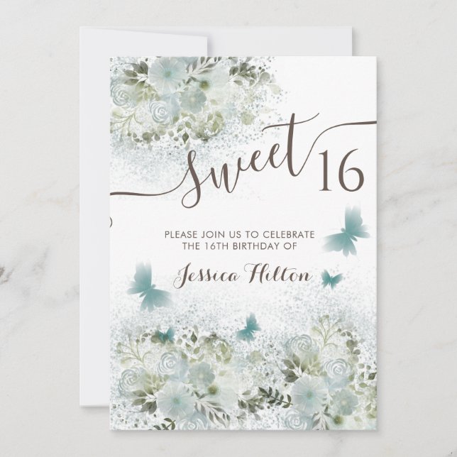 Butterfly floral garden sweet sixteen invitation (Front)
