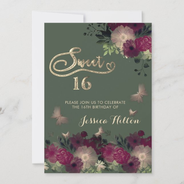 Butterfly floral garden sweet sixteen invitation (Front)