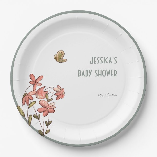 Butterfly Floral Girl Baby Shower  Paper Plates (Front)