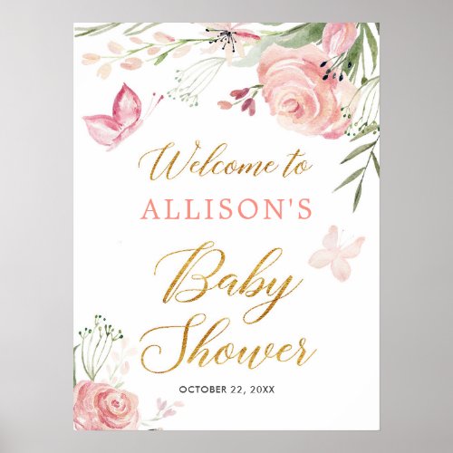 Butterfly floral girl baby shower welcome sign