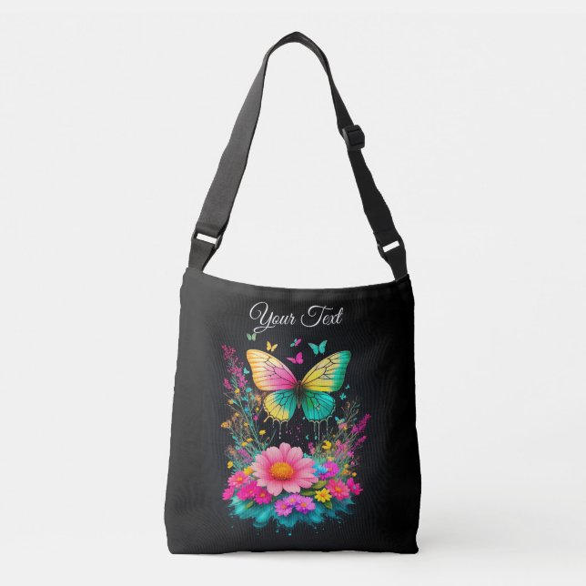 butterfly floral green yellow pink cute womens crossbody bag (Front)