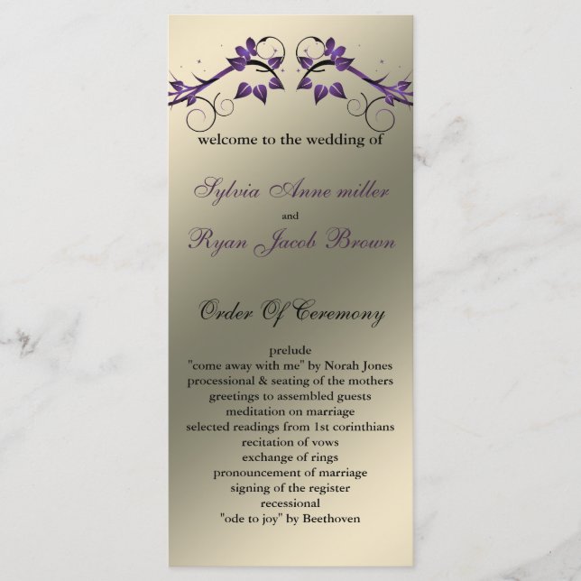 butterfly floral ivory purple Wedding program (Front)