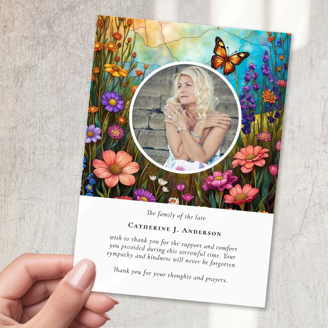 Butterfly Floral Memorial Photo Sympathy Funeral Thank You Card (Creator Uploaded)