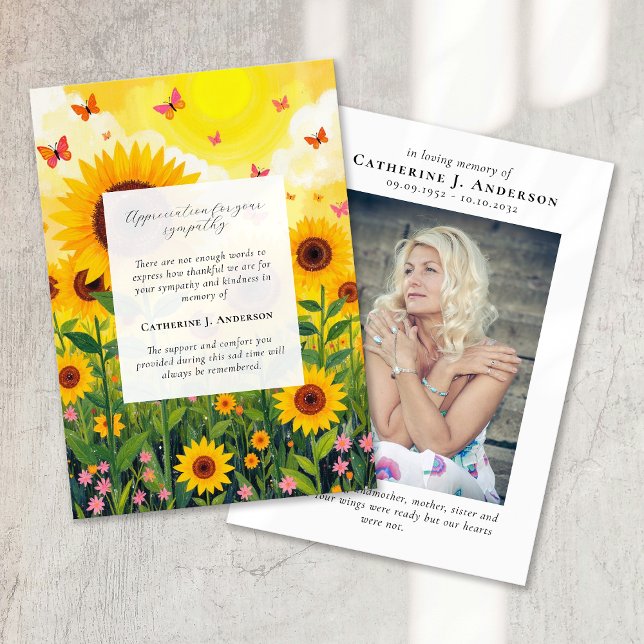 Butterfly Floral Memorial Photo Sympathy Funeral Thank You Card (Creator Uploaded)