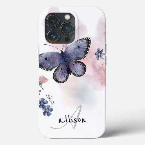 Butterfly Floral Monogram Name iPhone 13 Pro Case