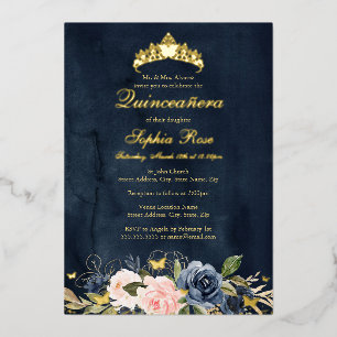 Butterfly Floral Navy Pink Quinceanera Foil Invitation