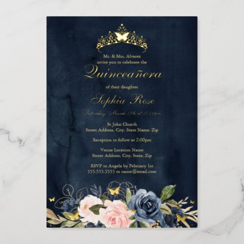 Butterfly Floral Navy Pink Quinceanera Foil Invitation