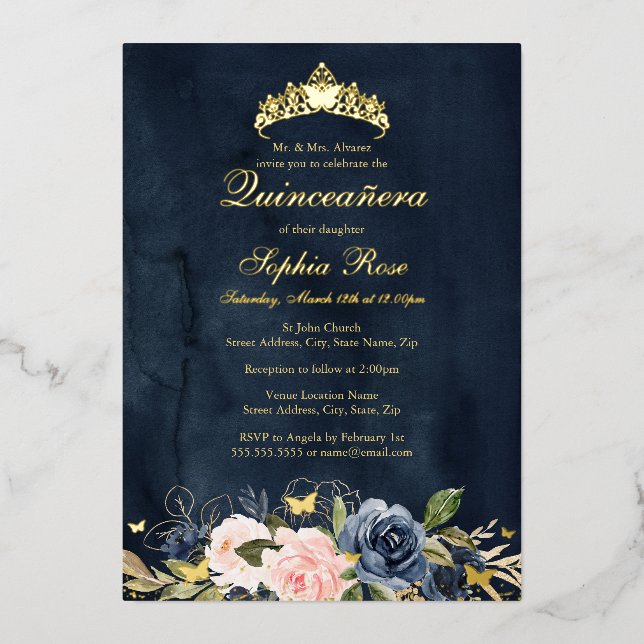 Butterfly Floral Navy Pink Quinceanera Foil Invitation (Front)