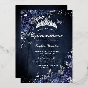 Butterfly Floral Navy Quinceanera Foil Invitation