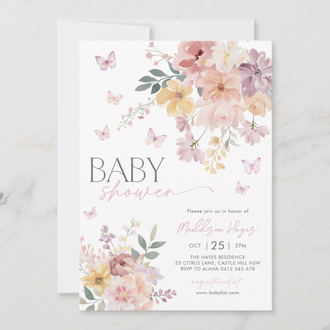 Butterfly Floral Peach Pink Purple Baby Shower Invitation (Front)