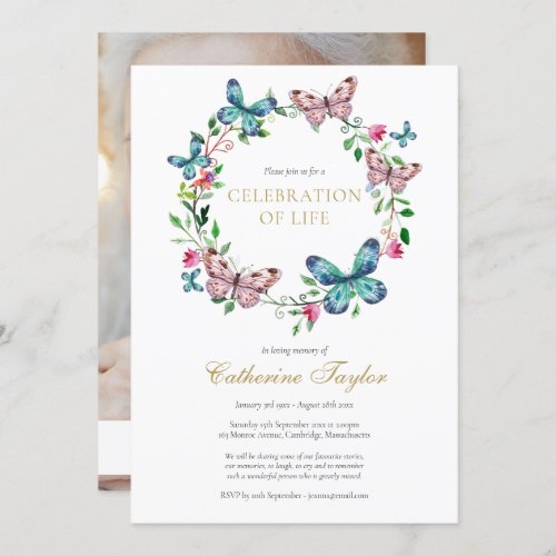 Butterfly Floral Photo Celebration of Life Funeral Invitation - An elegant personalized celebration of life photo remembrance invitation featuring a butterflies floral wreath. Designed by Thisisnotme©