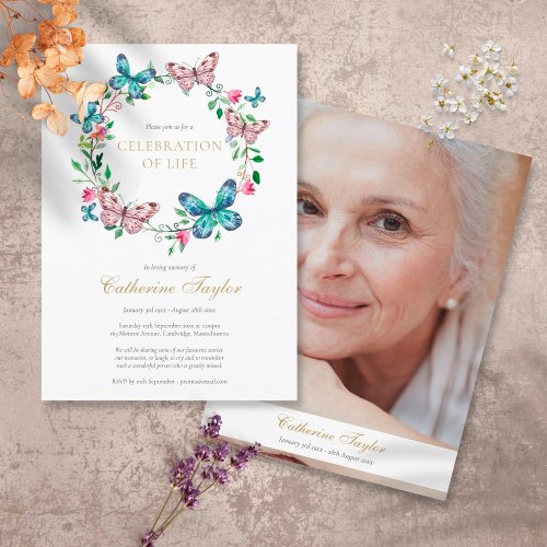 Butterfly Floral Photo Celebration of Life Funeral Invitation