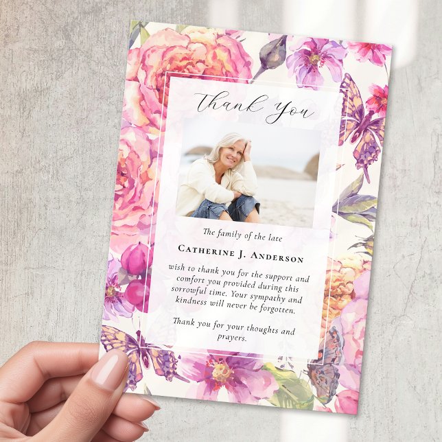 Butterfly Floral Photo Sympathy Funeral Memorial Thank You Card (Creator Uploaded)